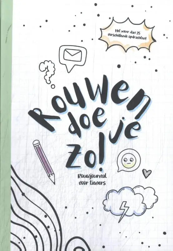 Een wit journal met zwarte en blauwe doodle illustraties met de titel rouwen doe je zo van simone beijer binnen kinderboeken algemeen