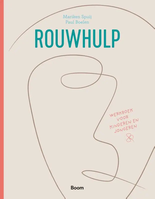 Minimalistische boekomslag rouwhulp met beige achtergrond, teal titel en abstracte gezichtstekening voor jonge lezers
