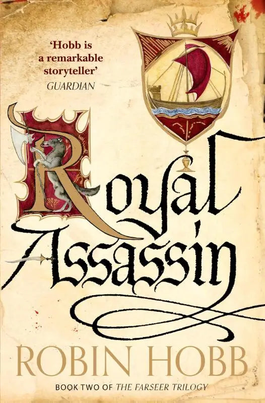 De cover van het boek royal assassin van robin hobb toont een rood gouden schild met een schip boven zwarte letters op perkament