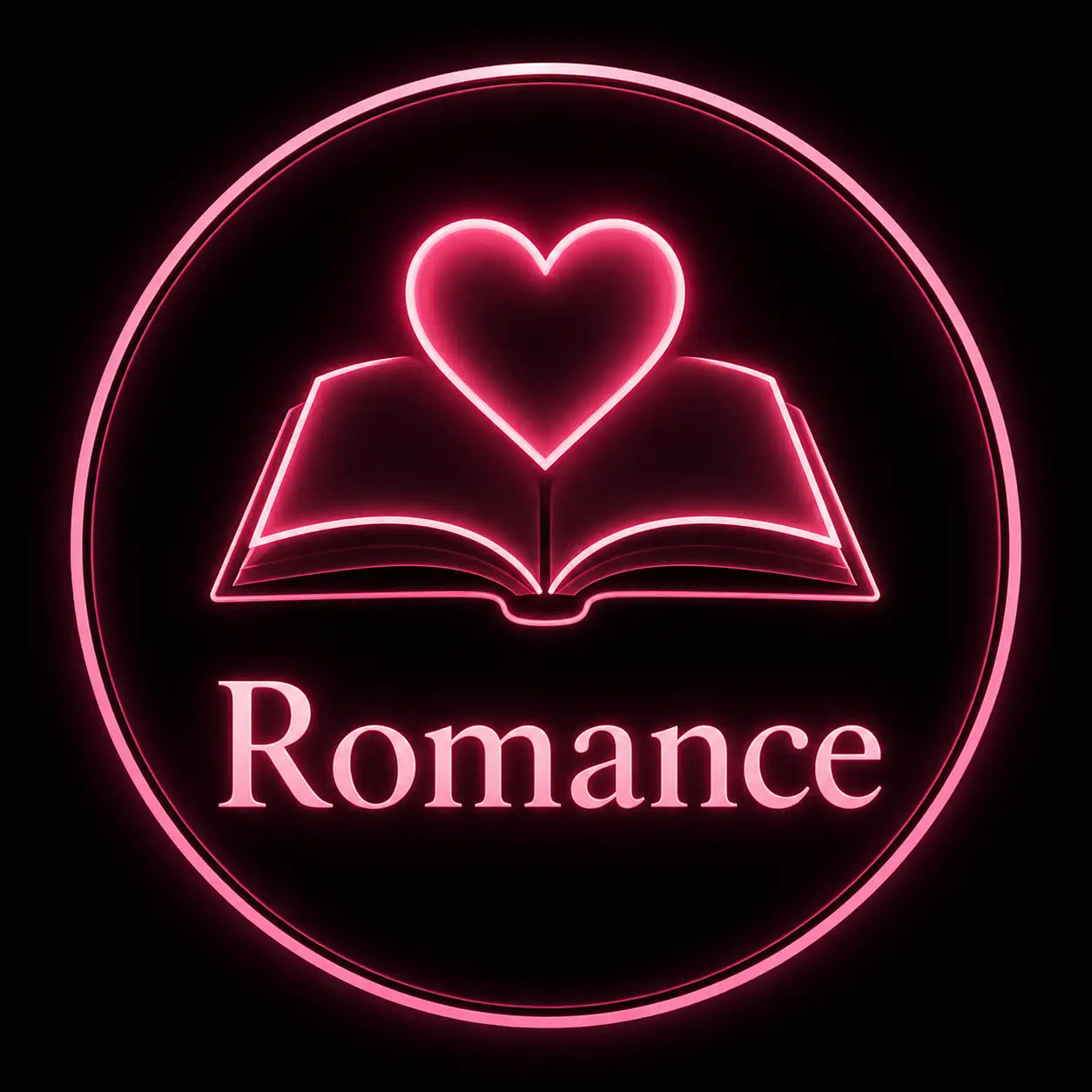 Roze neonsign met een open boek met daarboven een hart, omringd door een gloeiende ring en het woord „romance” eronder.