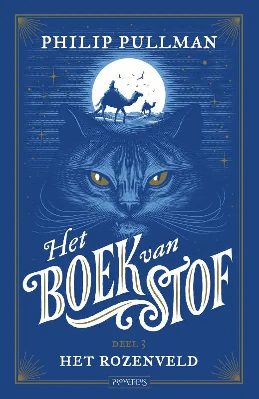 Diepblauwe boekomslag van Het rozenveld door Philip Pullman met gestileerd kattengezicht en volle maannacht