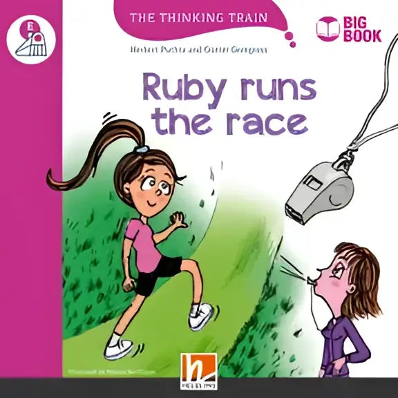 Zilveren fluit met zwarte band aan rechterbovenhoek van Ruby Runs the Race Big Book-omslag
