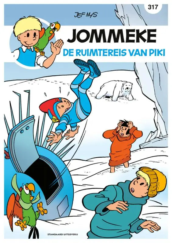 Cartoonfiguur in blauwe en rode ruimtepak met gele accenten in arctische omgeving uit de ruimtereis van piki van philippe delzenne strips algemeen