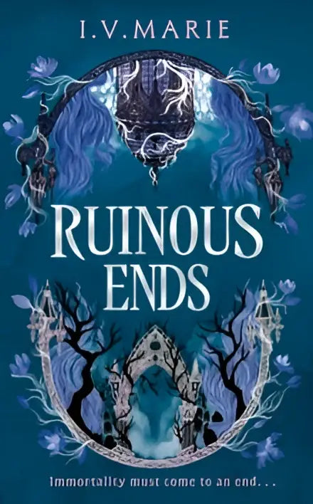 The book cover of ruinous ends by i.v. marie explores themes for the afterlife and the human condition