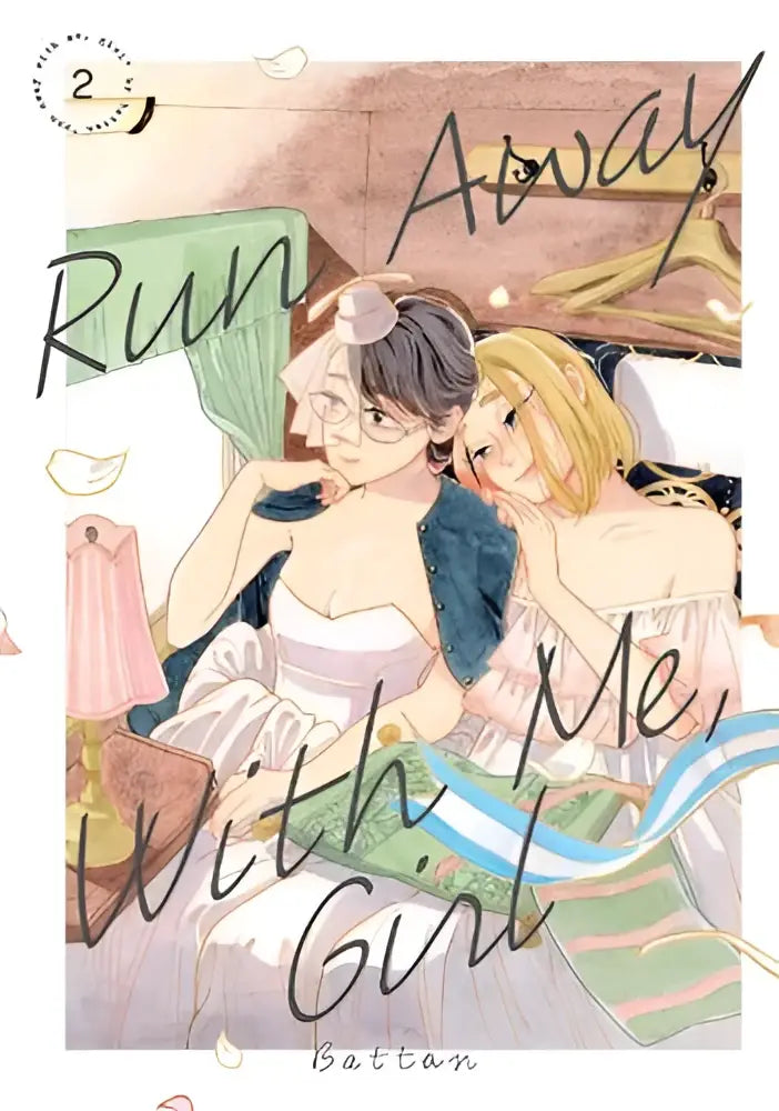 De cover van de manga run away with me girl 2 toont twee meisjes in pastelkleuren met kantdetails en zachte aquarelachtergrond