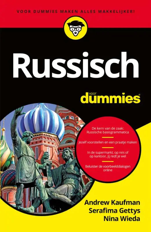 Zwarte en gele russisch voor dummies taalgids met afbeelding van russische architectuur en standbeelden op de omslag voor russische taal