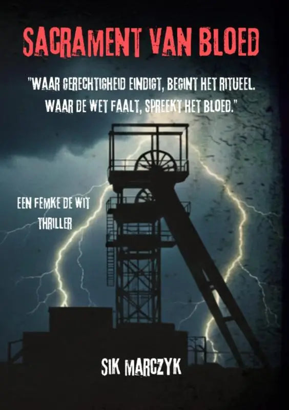De boekcover van Sacrament van Bloed toont een zwarte mijnschachtaanzicht bij een storm met bliksem waar gerechtigheid eindigt en de wet faalt