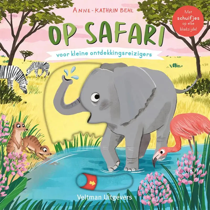 Grijze olifant met speelse uitdrukking in water die druppels sprayt voor op safari serie kleine ontdekkingsreizigers jonge lezers