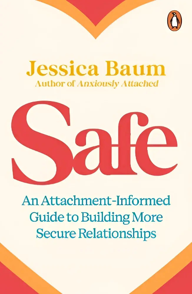 De boekomslag van safe door jessica baum toont de titel in rood op een crèmekleurige achtergrond met oranje accenten, cornerstone press physical