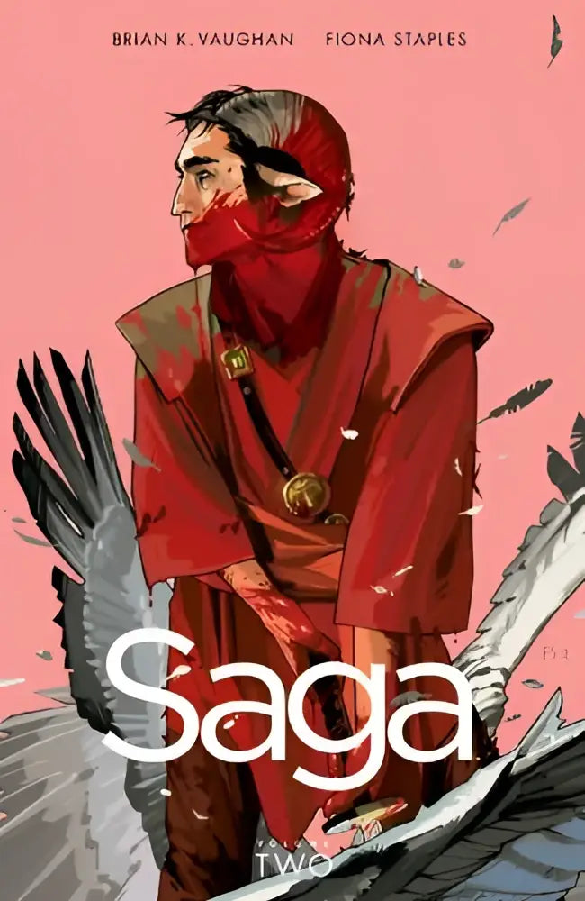 Illustratie van rode geharnaste figuur met vleugels en masker op comic cover van saga volume 2