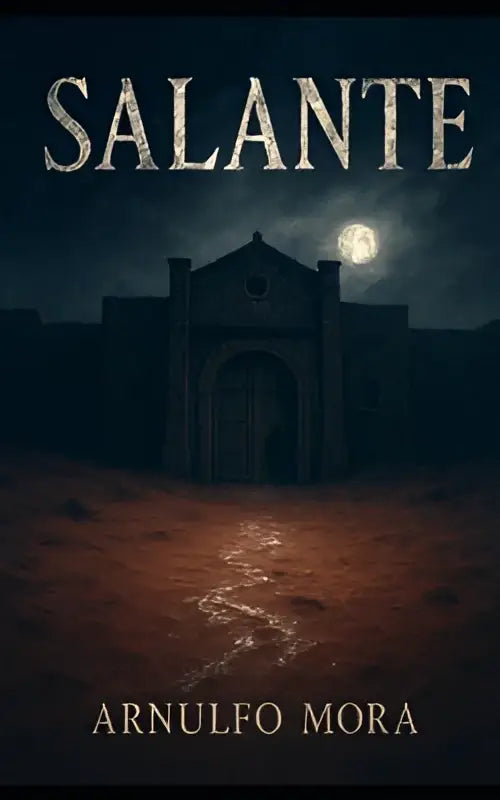Salante door arnulfo mora is een donkere fantasy boekomslag met een stenen gebouw onder een volle maan en gloeiende voetstappen