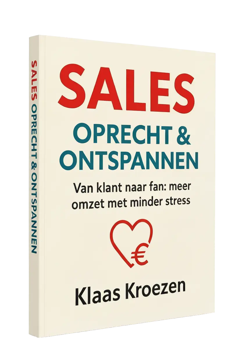 Creamkleurig hardcover boek sales oprecht en ontspannen van klant naar fan met rood en groen hart euro symbool klaas kroezen customer success managers