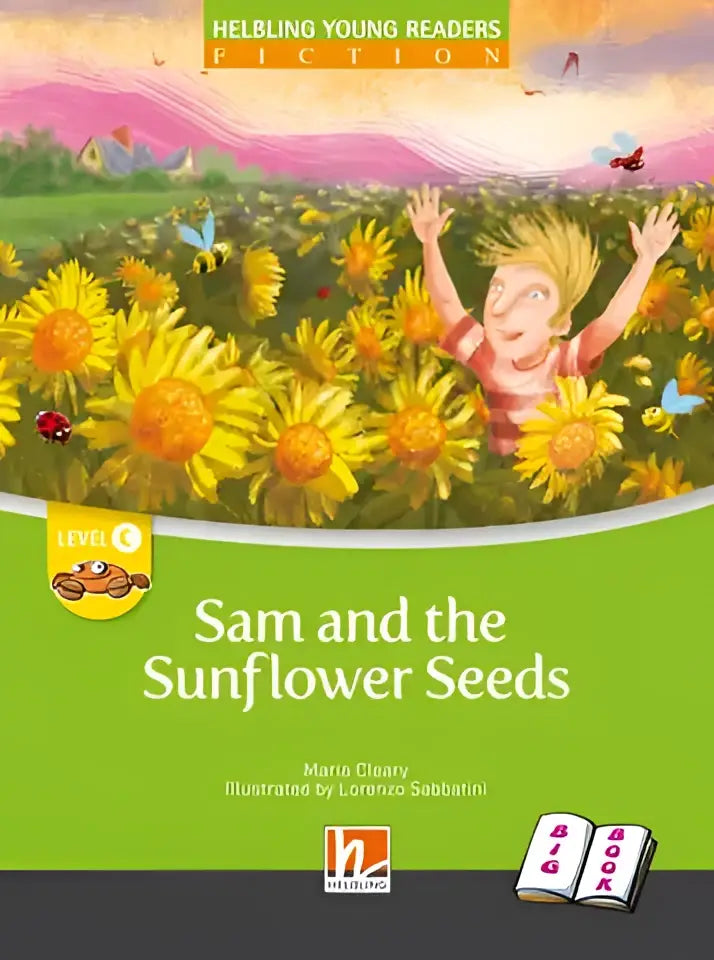 Voorkant Sams Grote Boek met kind in rood shirt tussen zonnebloemen