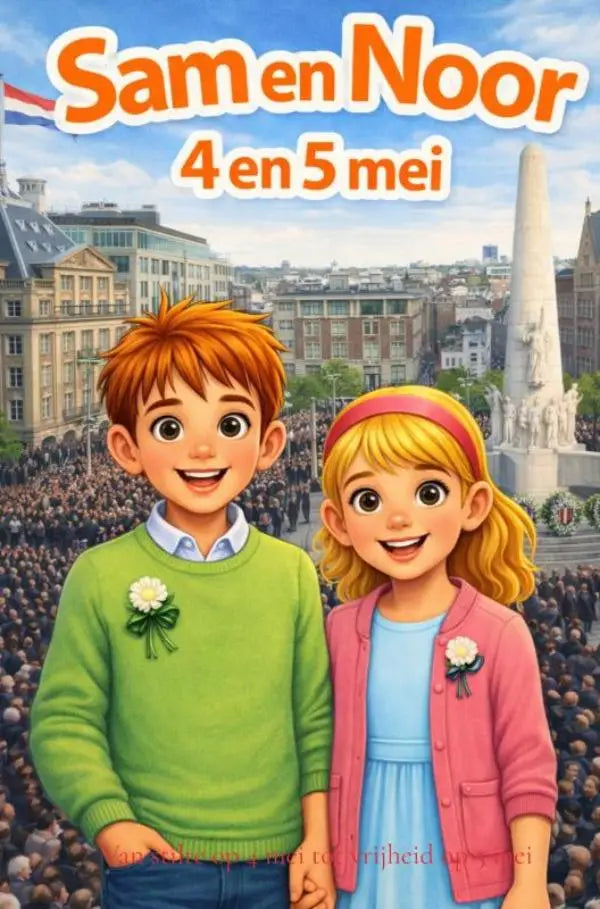 The poster for the children’s book sam en noor shows two cartoon characters in a city square for jonge lezers