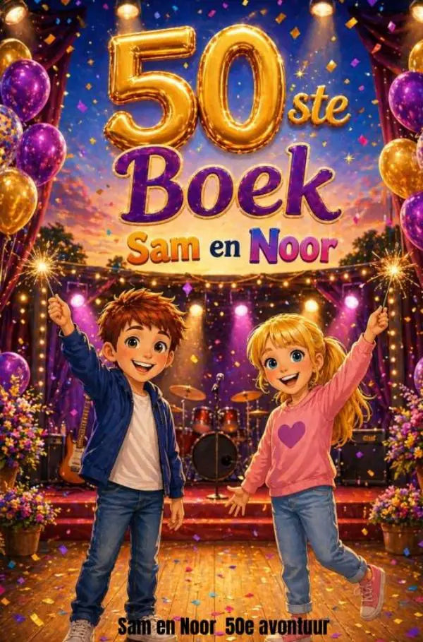 Gouden ballonnen letters 50ste boek boven cartoon kinderen op podium voor sam en noor 50e avontuur boekcover
