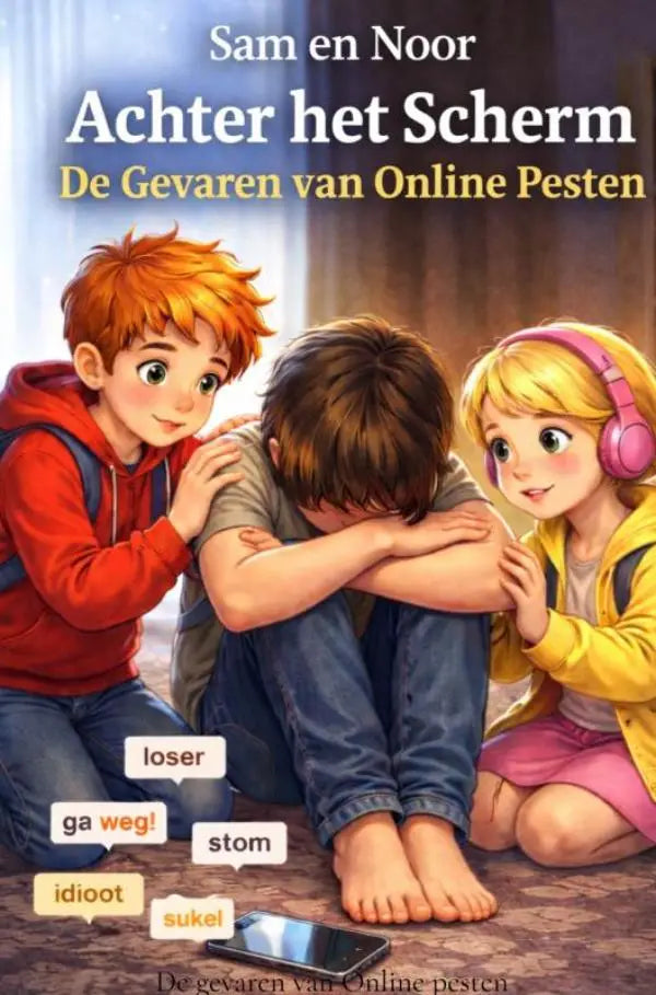 De kleurrijke boekcover van sam en noor achter het scherm toont drie kinderen en behandelt de gevaren van online pesten voor jonge lezers