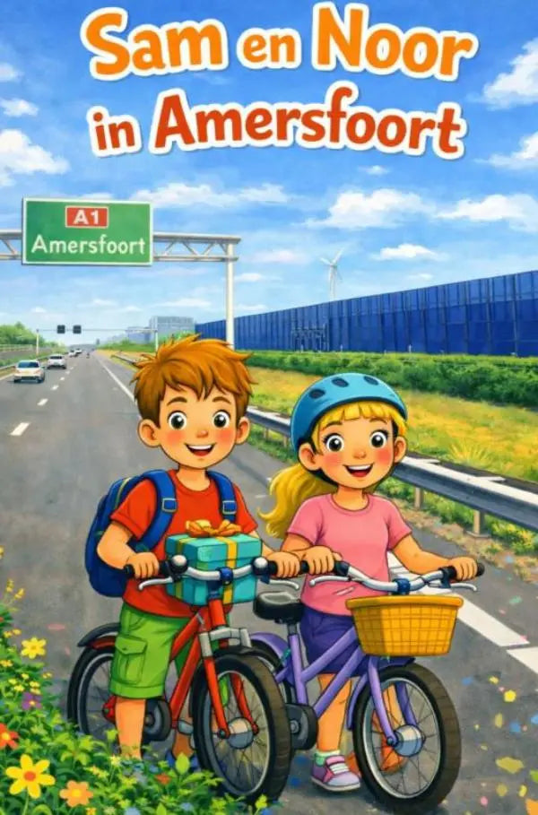 Cover van het kinderboek sam en noor in amersfoort toont twee cartoonkinderen op fietsen voor een avontuurlijke ontdekkingstocht voor jonge lezers