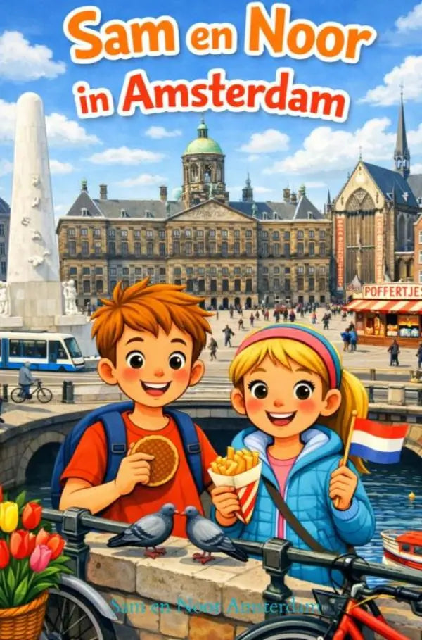 De kinderboekcover van sam en noor in amsterdam toont twee vrolijke kinderen die snacks en duiven bij een gracht eten voor jonge lezers