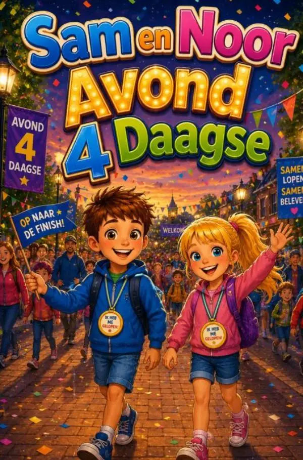 De kleurrijke cartoonposter van sam en noor avond 4 daagse toont twee kinderen die door een feestelijke straat rennen voor jonge lezers