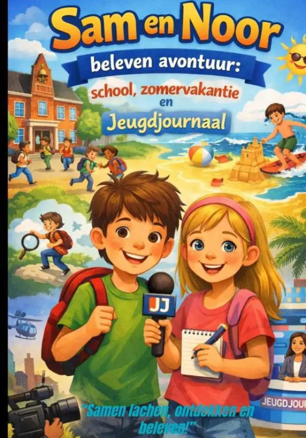 De cover van het kinderboek sam en noor beleven avontuur toont twee kinderen met microfoons en notitieboekjes in levendige kleuren
