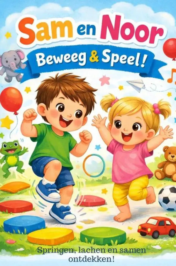 Vibrant kinderactiviteitenboek cover toont sam en noor die vrolijk springen op kleurrijke stenen noor beweeg jonge lezers