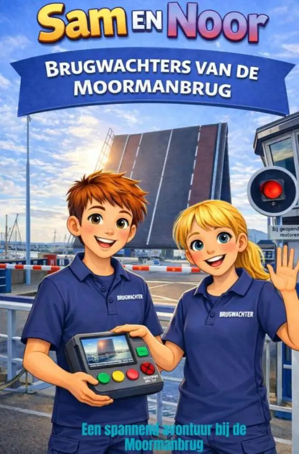 Blauwe polo shirts met brugwachter borduursel gedragen door twee cartoon kinderen in spannend avontuur boek voor jonge lezers