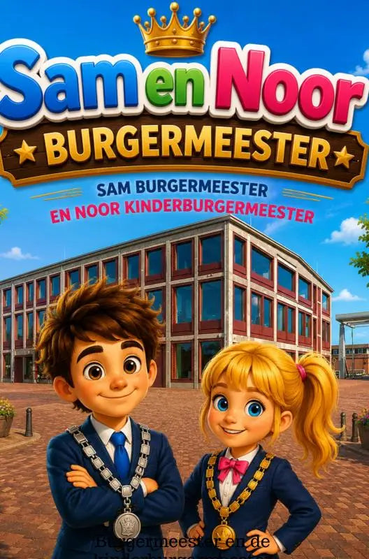 De levendige cartoonstijl poster van sam en noor burgermeester toont jonge lezers in formele blauwe uniformen met kettingen