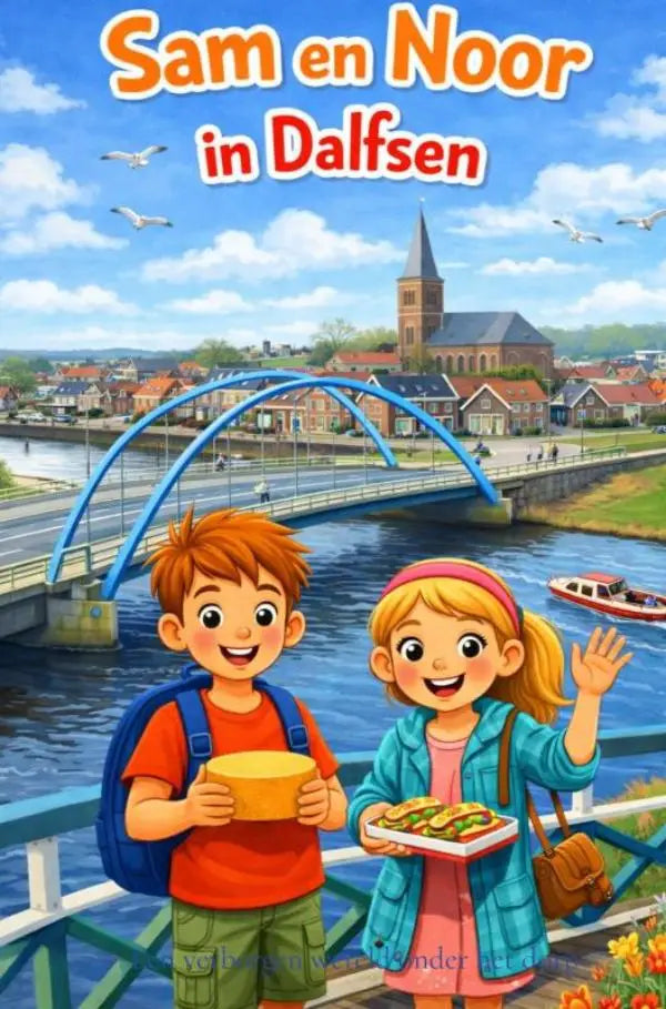 De kleurrijke cover van sam en noor in dalfsen toont jonge lezers op een brug met kaas en sandwiches in een verborgen wereld