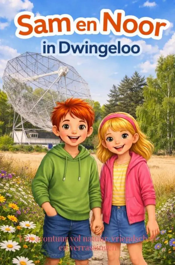 De cover van het kinderboek sam en noor in dwingeloo toont twee cartoon kinderen en een grote satellietschotel voor jonge lezers