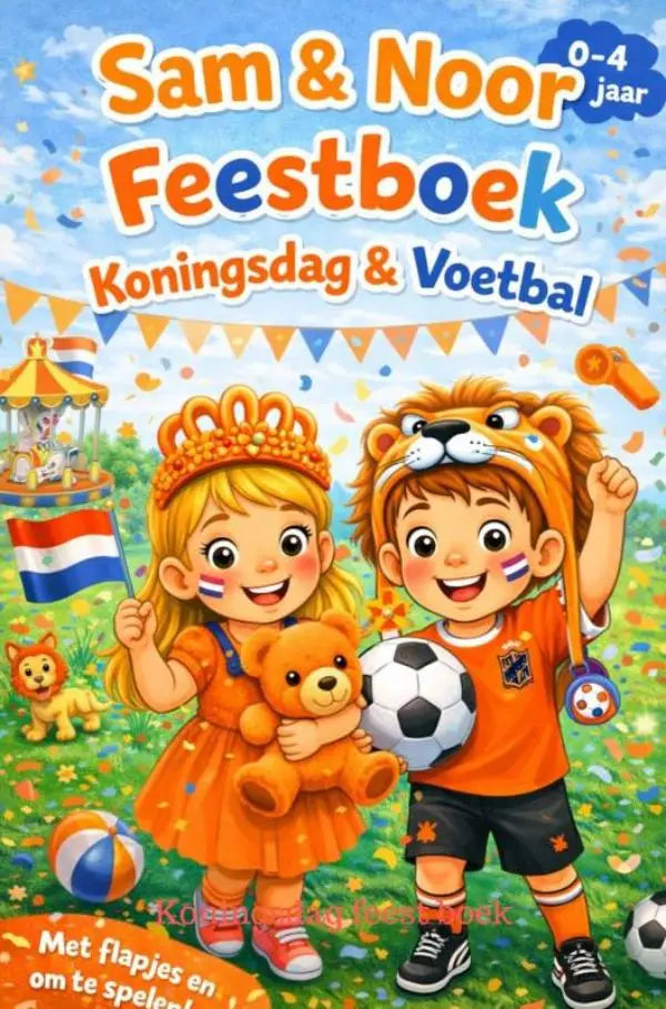 Meisje in een oranje jurk met kroontje en gezichtsschildering in het sam en noor feestboek koningsdag feest boek