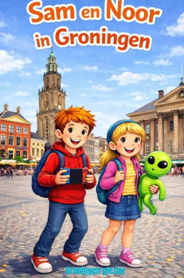 De cover van sam en noor in groningen toont jonge lezers met rugzakken voor een historicus gebouw bij groningen plezier