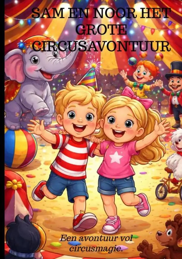 Vibrante kleurrijke kinderboekenkaft met cartoonfiguren in een circus voor jonge lezers van grote circusavontuur