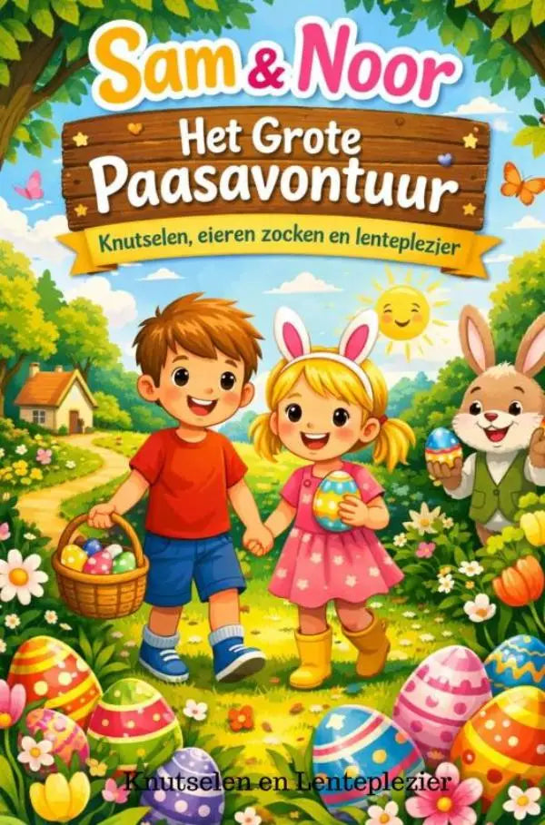 Kleurrijk grote paasavontuur knutselboek met jonge lezers en paashaas in een zonnige bloementuin setting