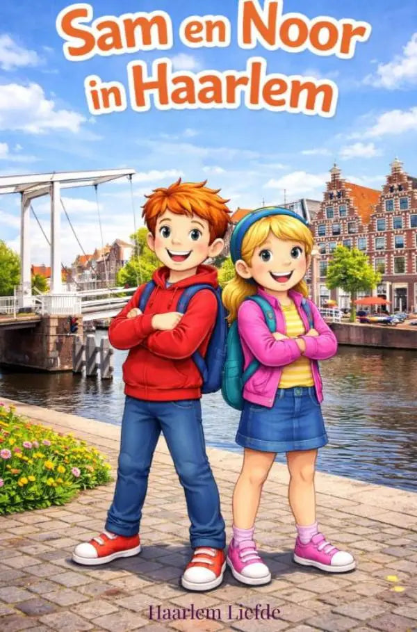 De cover van het kinderboek Sam en Noor in Haarlem toont twee cartoon kinderen langs een gracht voor jonge lezers haarlem liefde