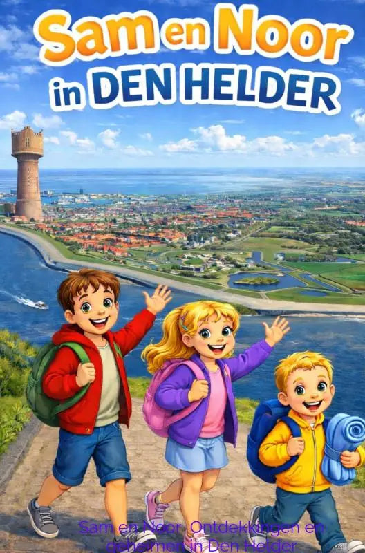 De kleurrijke cartooncover van het kinderboek sam en noor in den helder toont drie lachende kinderen met rugzakken en spreekt jonge lezers en noor ontdekkingen aan