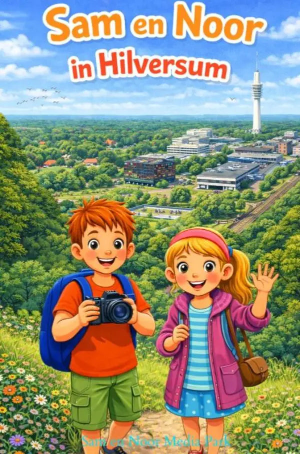 De cover van het kinderboek sam en noor in hilversum toont twee kinderen op een heuvel met uitzicht op noor media park