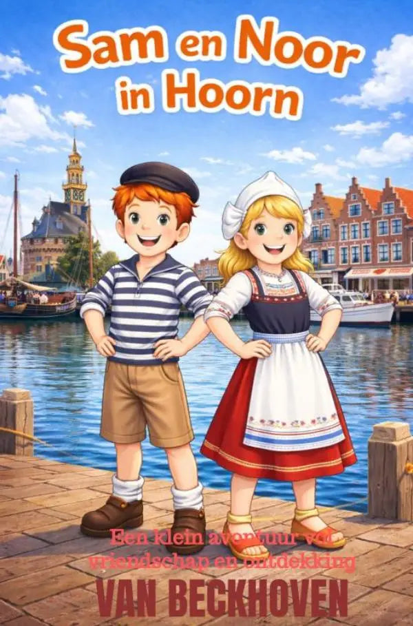 Kinderen boekomslag van sam en noor in hoorn met twee lachende kinderen in traditionele dutch kledij bij haven klein avontuur voor jonge lezers