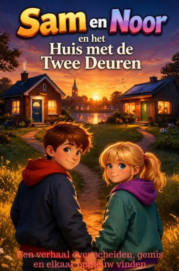 De cover van sam en noor en het huis met de twee deuren toont twee cartoon kinderen in een veld bij zonsondergang voor jonge lezers