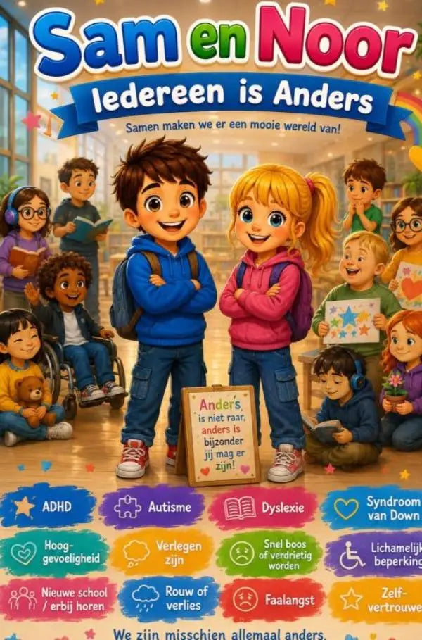 Kleurrijke kinderboekenkaft van sam en noor met diverse studenten in schooluniformen over een mooie wereld voor jonge lezers