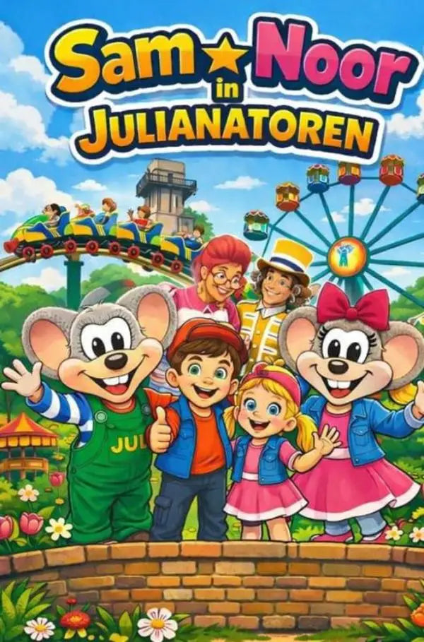 Kleurrijke cartoonposter van sam en noor in julianatoren met meneer kaasschaaf en mevrouw suikerspin voor geheim avontuur