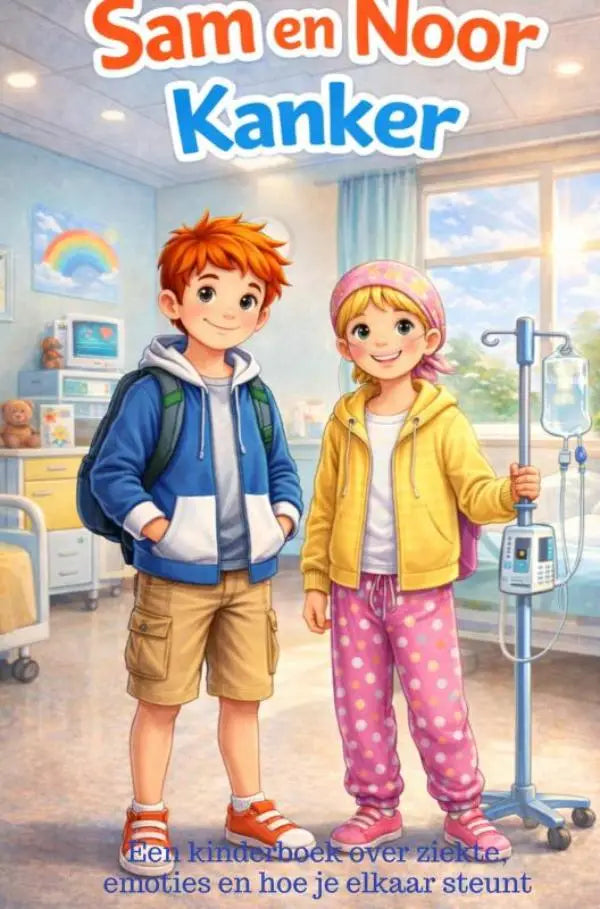 De cover van het kinderboek sam en noor kanker toont twee kinderen in een ziekenhuiskamer die elkaar steunt bij leven moeilijk momenten