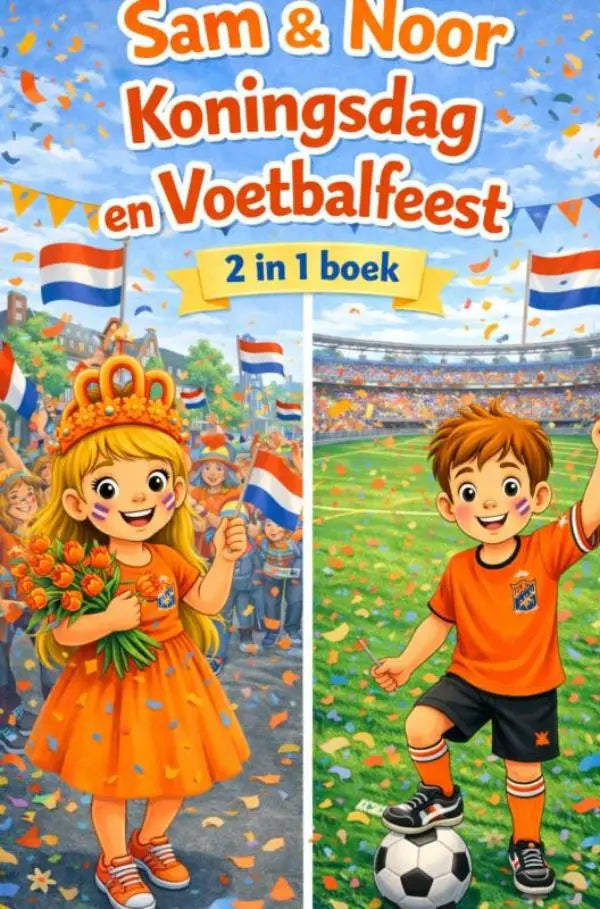 Jonge lezers zien een oranje jurk met bloemmotief gedragen door noor koningsdag in sam en noor koningsdag en voetbalfeest boek