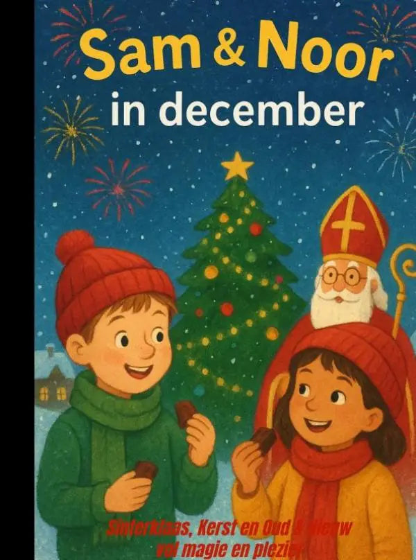 De kleurrijke cover van het kinderboek sam & noor magische decemberavonturen toont twee warme kinderen met chocolade bars