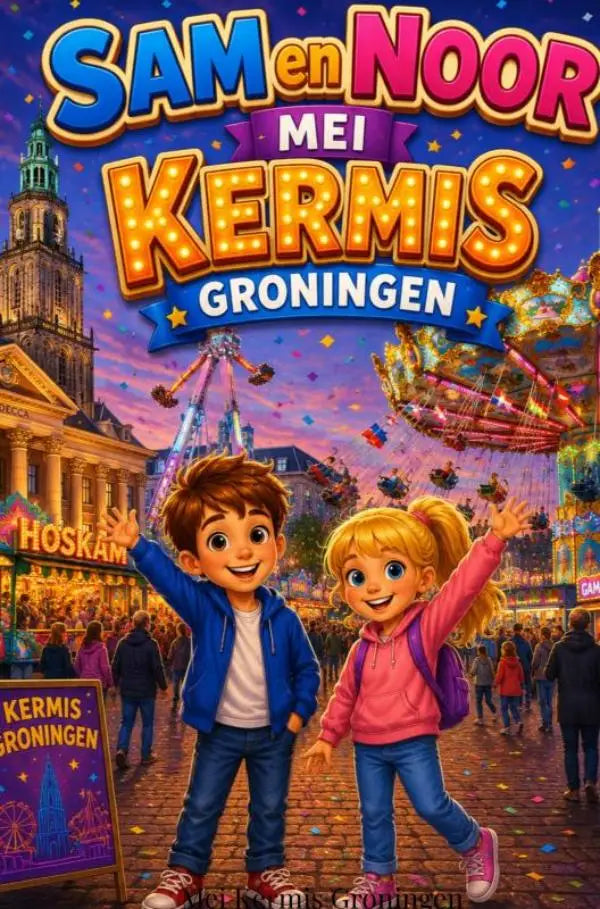 Vibrante cartoonposter voor sam en noor mei kermis groningen met twee lachende kinderen en kleurrijke kermisattracties