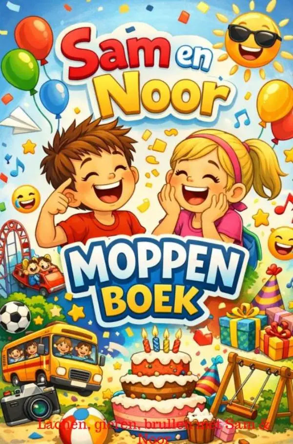 Vibrant cover of noor moppen boek featuring sam and noor with balloons cake and playful party elements for jonge lezers