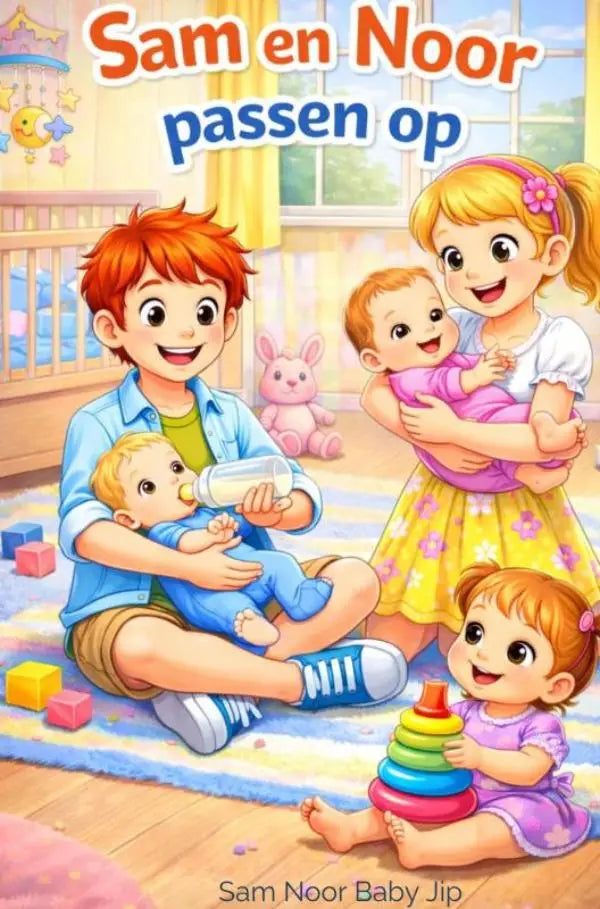 De cover van sam en noor passen op toont een kleurrijke illustratie met vier personages in een vrolijke kinderkamer sam noor baby