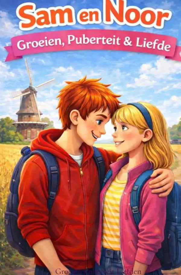 De cover van het kinderboek sam en noor toont twee jeugdige figuren bij een windmolen met thema groeien puberteit liefden