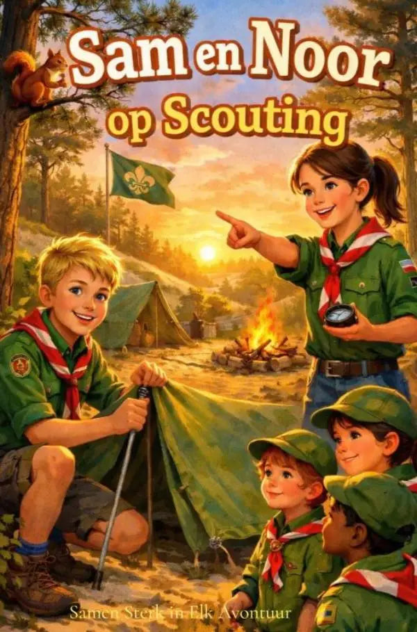 De cover van het kinderboek sam en noor op scouting toont twee jonge lezers in groene uniformen bij een kampvuur