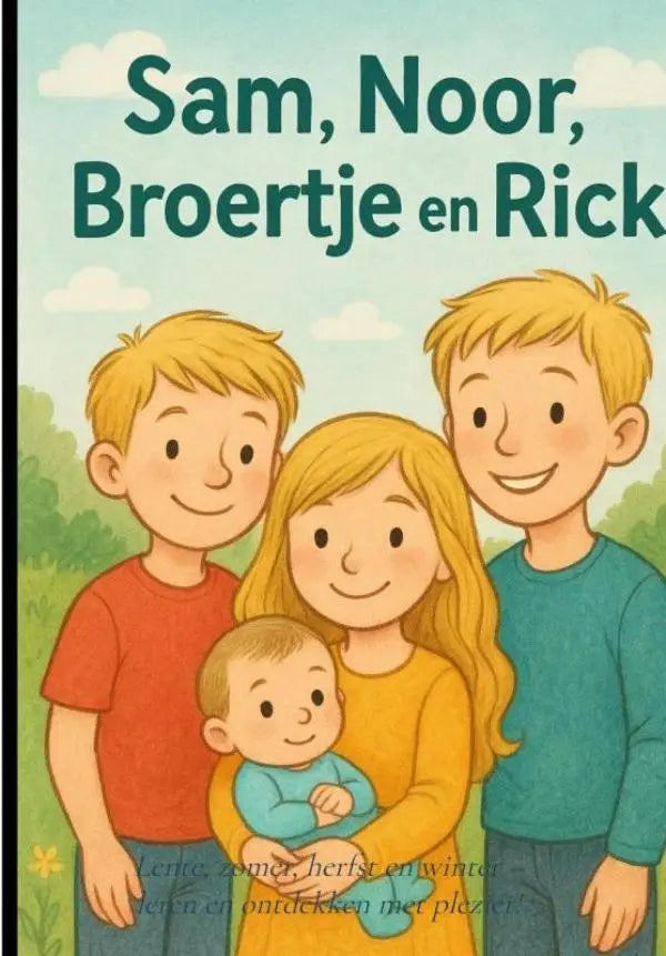 De vrolijke boekcover van sam en noor in de seizoenen toont vier blonde familieleden in kleurrijke shirts voor jonge lezers