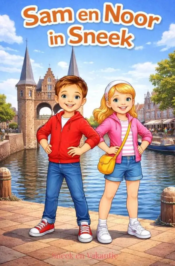 De cover van het kinderboek sam en noor in sneek toont twee cartoon kinderen bij een kanaal voor jonge lezers